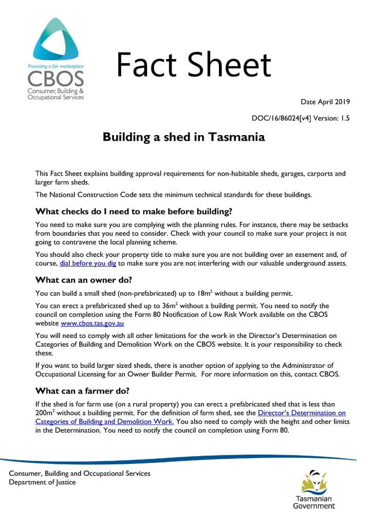 CBOS fact sheet - Building a shed in Tasmania, page 1