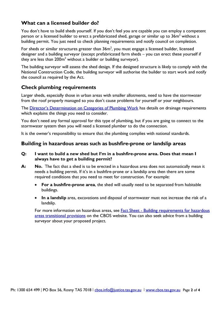 CBOS fact sheet - licensed builder and plumbing requirements, page 2